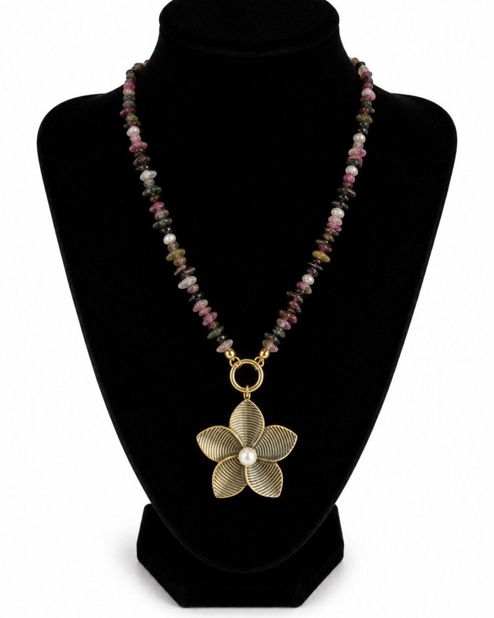Multicolor Crystal & Pearl Beaded Necklace, Gold Tone Flower Charm Pendant - Picture 1 of 2